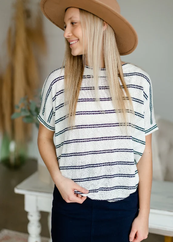 Ivory Stripe Knit Top Round Neck Knit Blouse