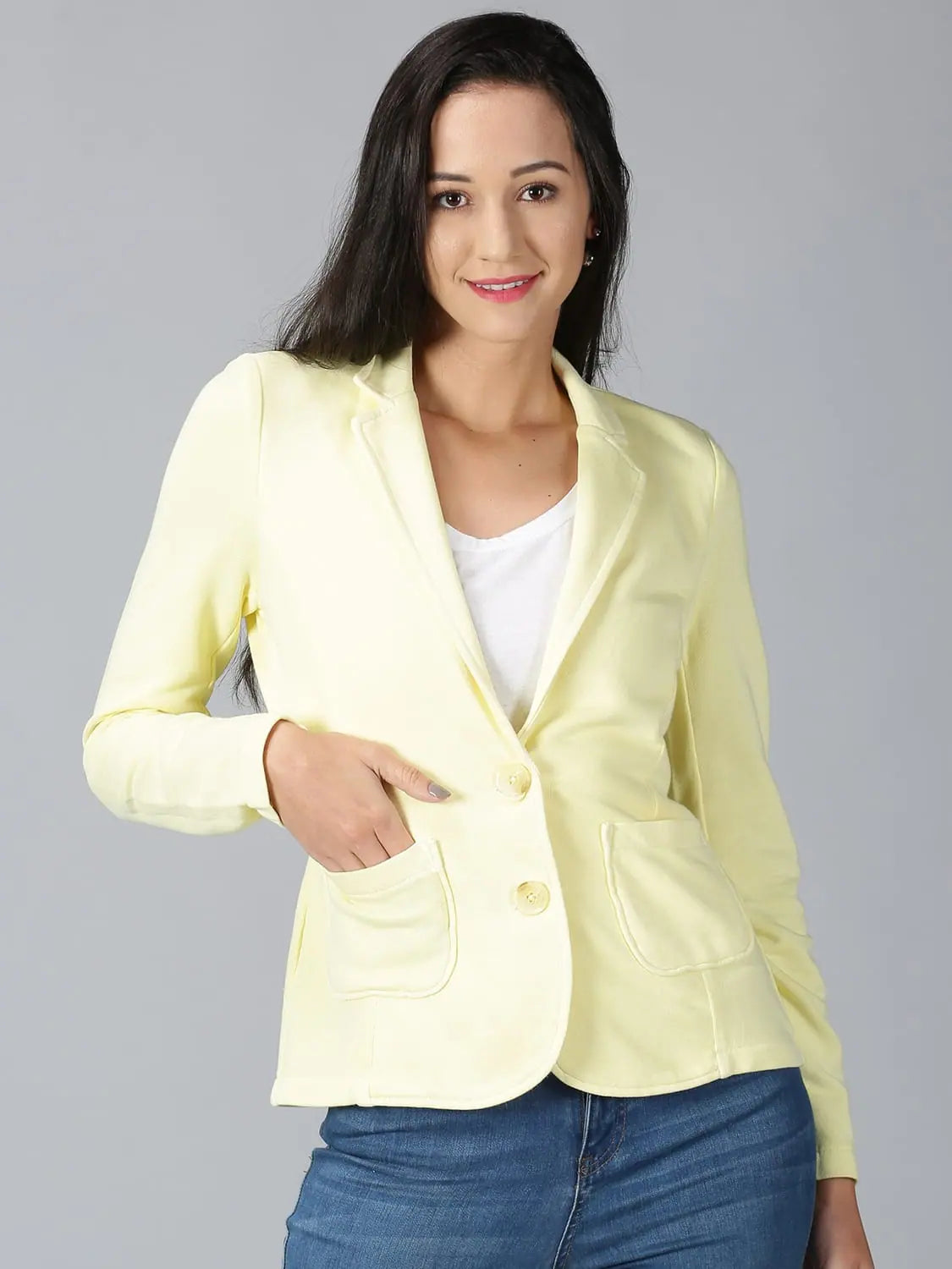 Women Solid Blazer Yellow Women's Navy Jacket