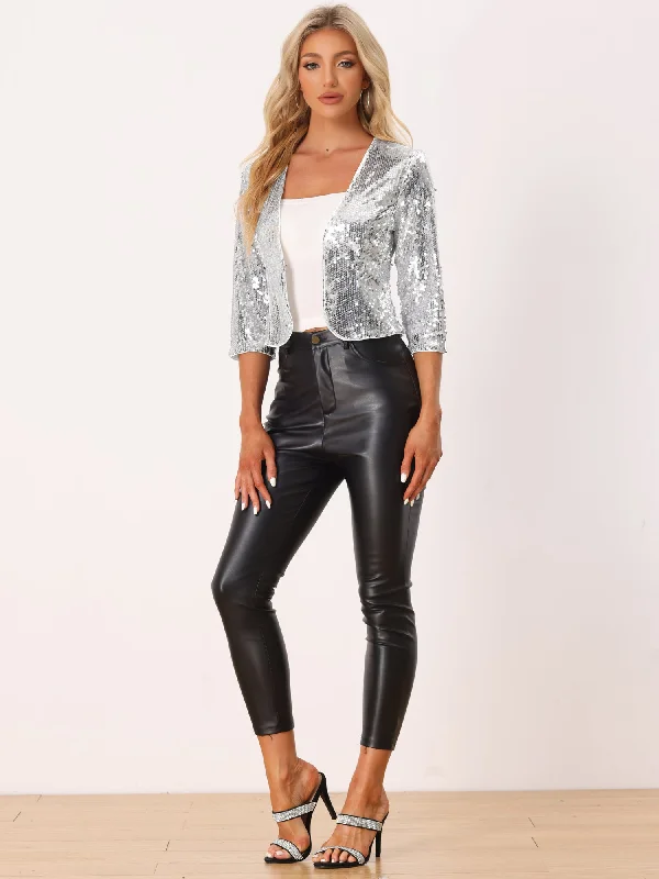 Sequin Shrug 3/4 Sleeve Open Front Glitter Sparkly Short Jacket Hooded Jacket Caped Jacket Shawl Collar Jacket Hooded Jacket Caped Jacket Shawl Collar Jacket