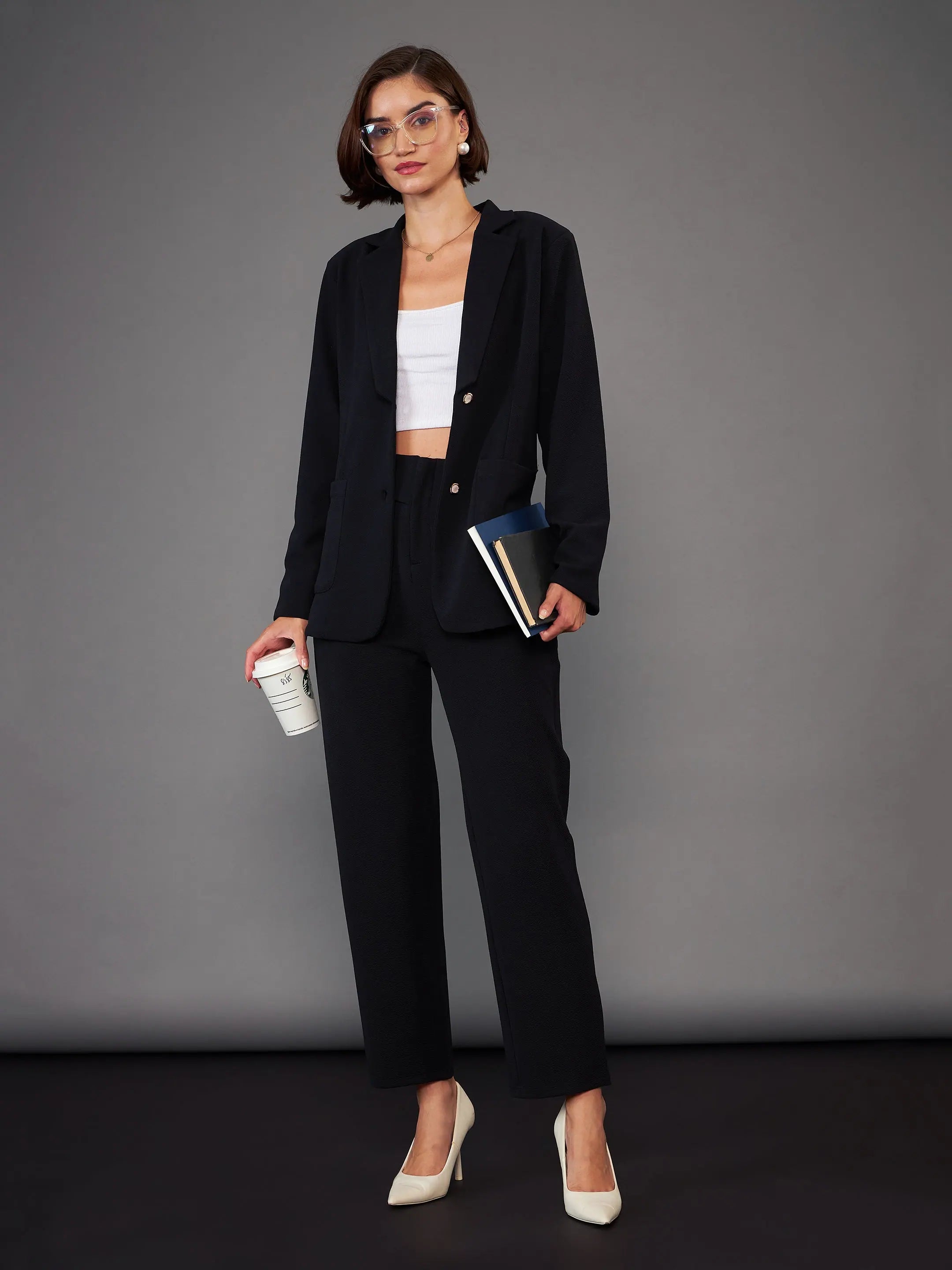 Women Black Slim Fit Blazer With Pleated Pants Women's Vintage Suit