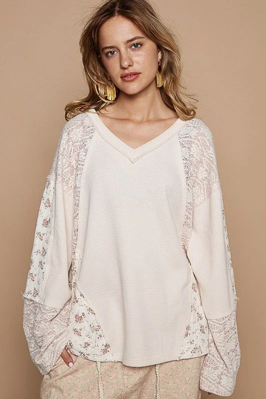 Blue Zone Planet |  POL Lace Floral Round Neck Knit Top Silver Knit Shirt