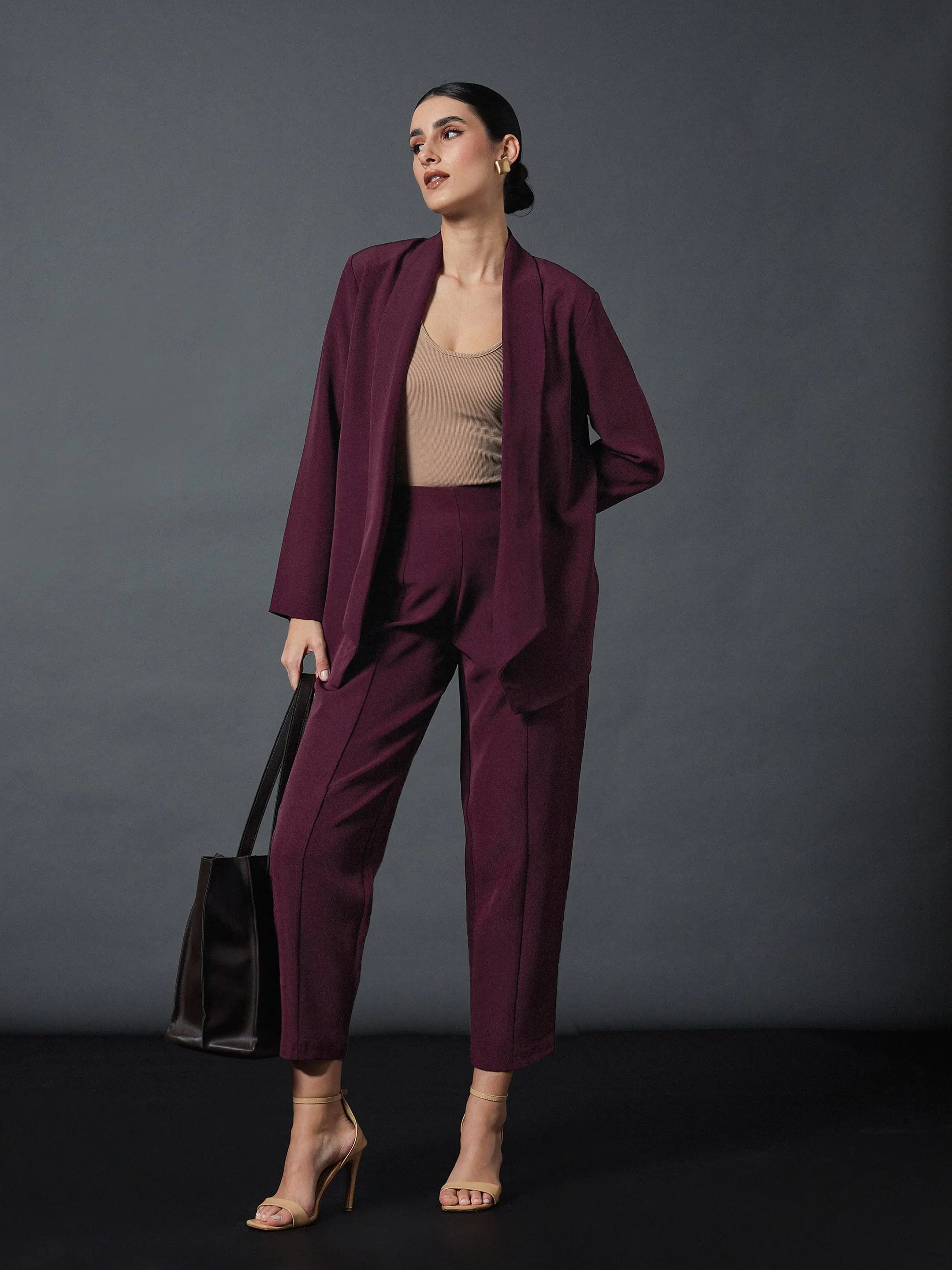 Women Maroon Shawl Collar Blazer With Balloon Fit Pants Women's Custom Suit