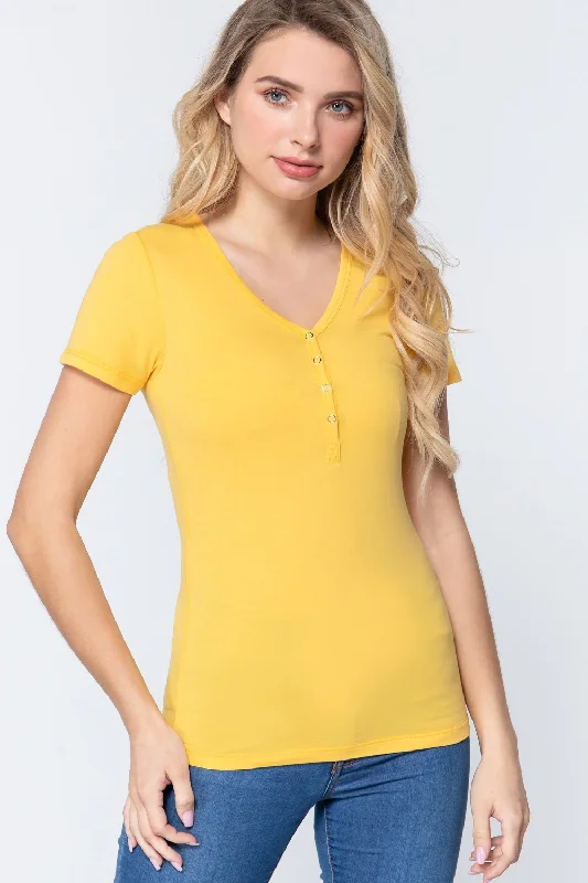 Short Slv V-neck Henley Knit Top One Shoulder Knit Shirt