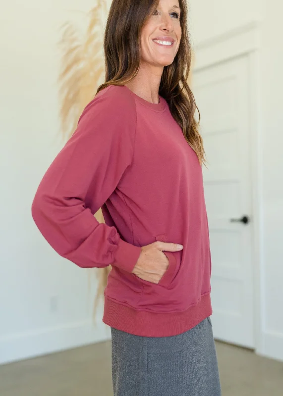 Round Neck Long Sleeve Pocket Knit Top Lightweight Knit Tee