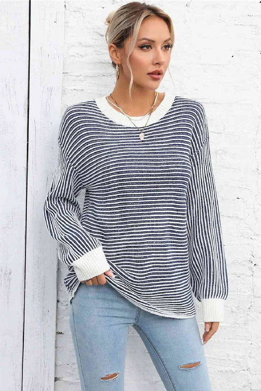 Striped Round Neck Long Sleeve Knit Top Chic Knit Top