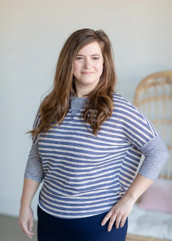 Contrast Stripes Drop Shoulder Knit Top Linen Knit Blouse
