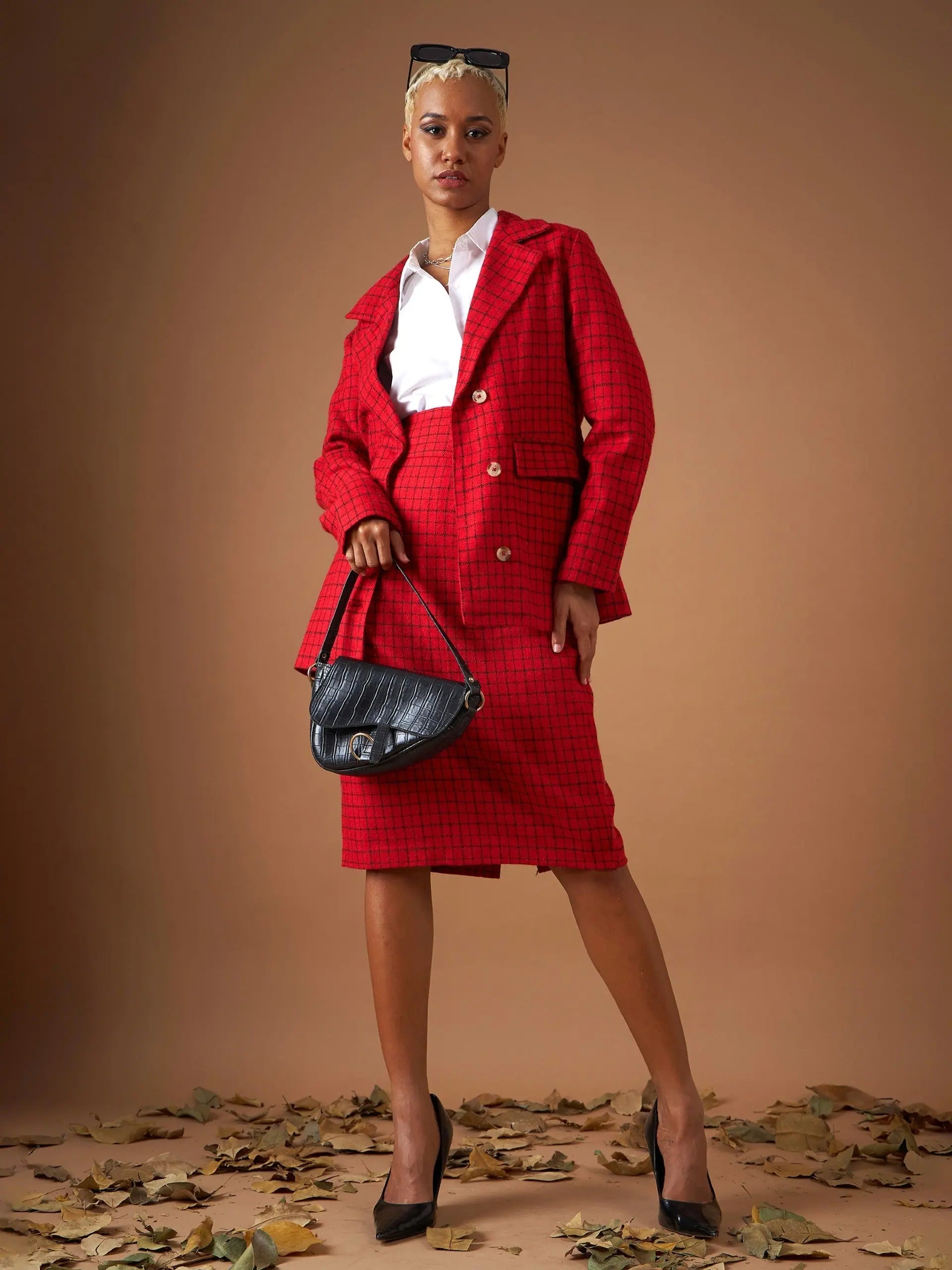 Women Red Check Jacquard Tweed Notch Collar Blazer Women's High-End Blazer