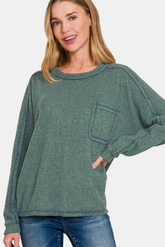 Zenana Contrast Stitching Brushed Ribbed Hacci Knit Top Pink Knit Top