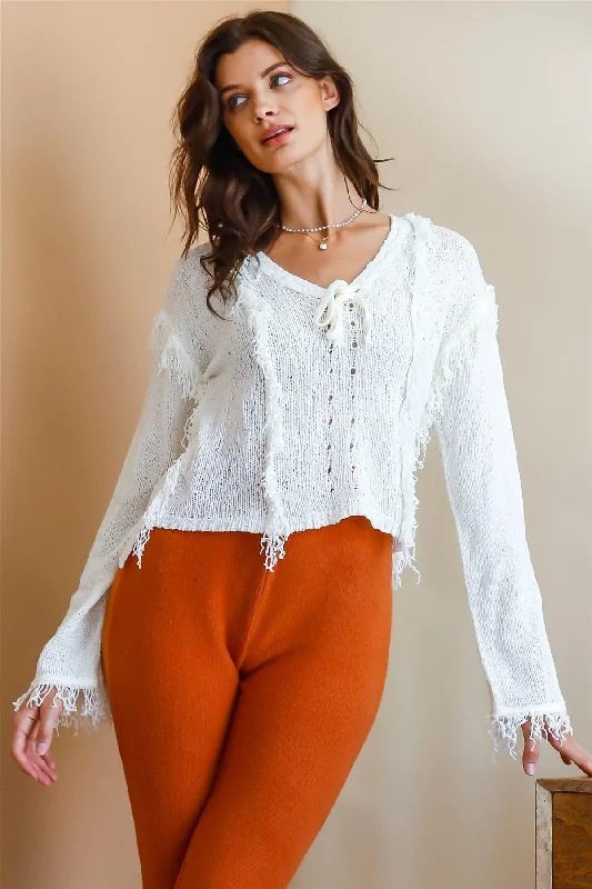 Off-White Trim Detail Self-Tie V-Neck Knit Top Business Knit Top