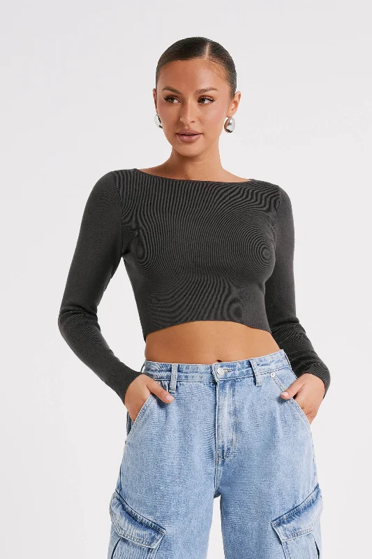 Haisley Long Sleeve Knit Top - Charcoal Boat Neck Knit Top
