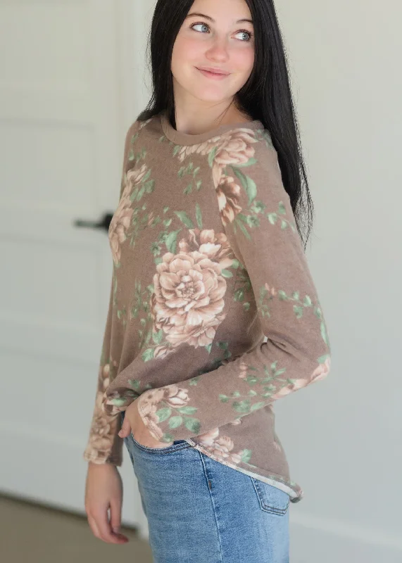 Taupe Floral Long Sleeve Hacci Knit Top - FINAL SALE Premium Knit Blouse