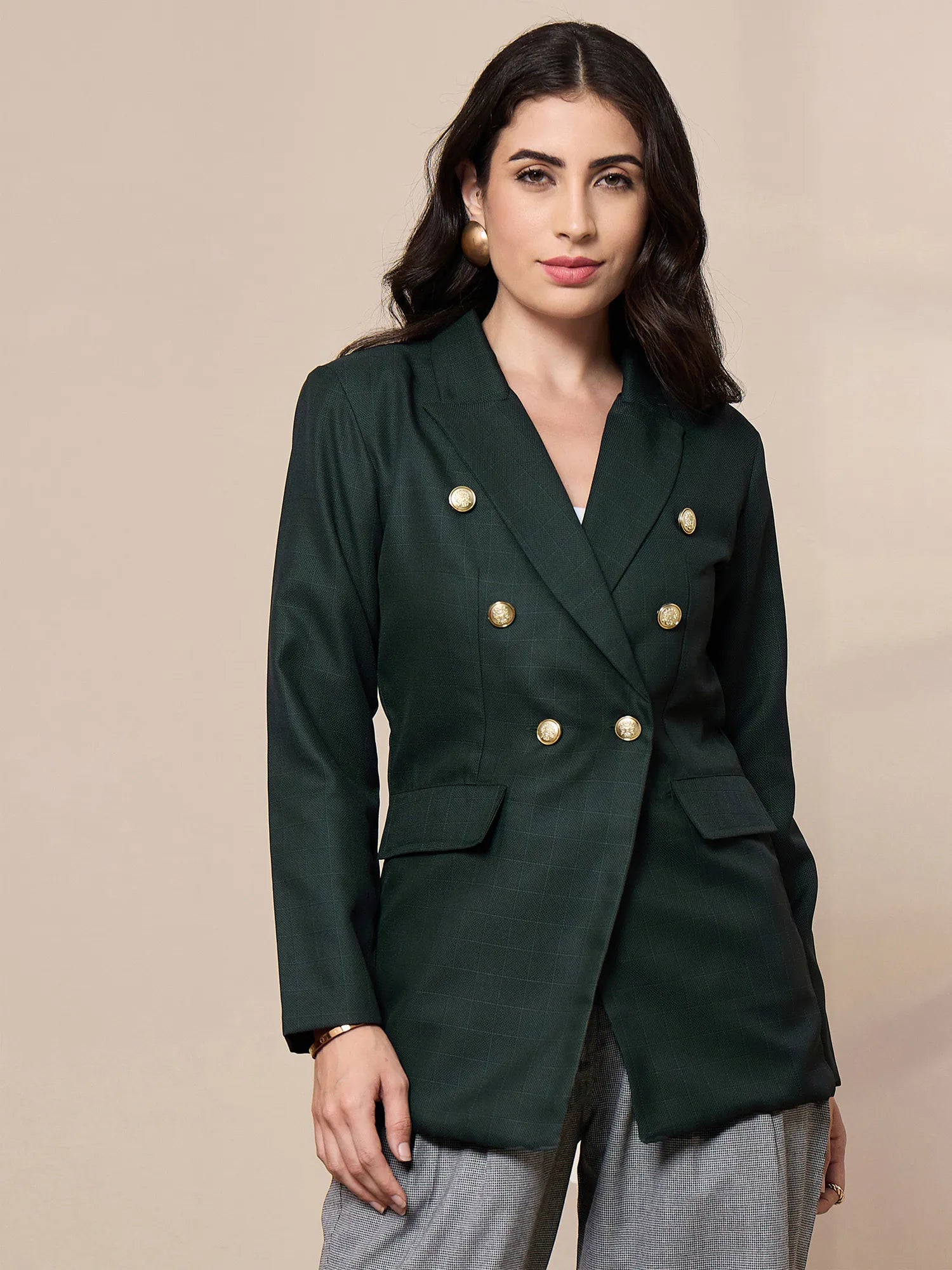 Women Green Double-Breasted Check Blazer-SFJCKT6948 Women's Custom Suit