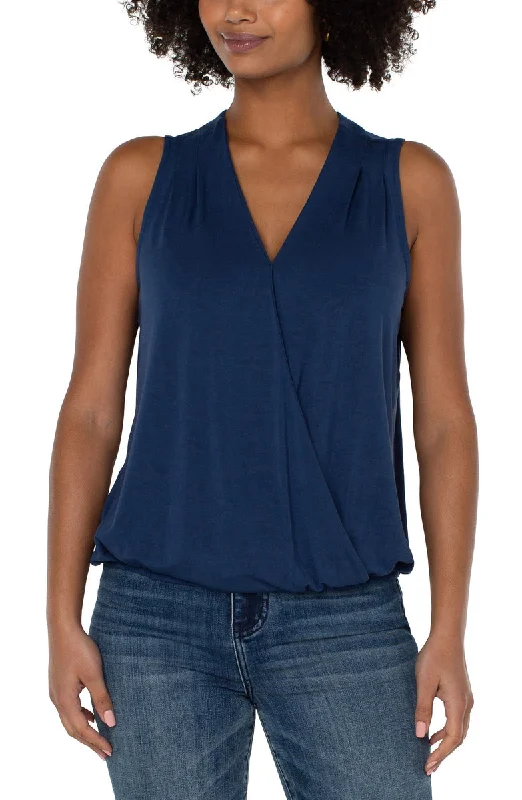 Liverpool Sleeveless V Neck Drape Front Knit Top (Solids) Asymmetrical Knit Blouse