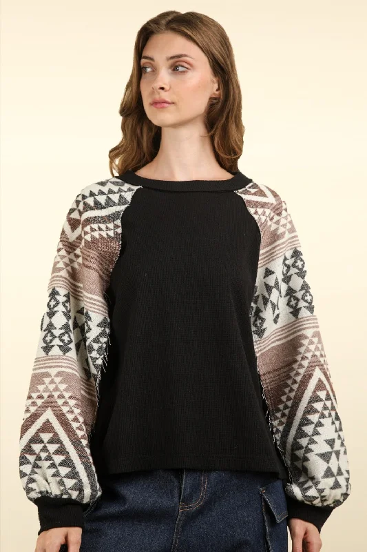 Hazel Blues® |  VERY J Printed Long Sleeve Round Neck Knit Top Geometric Knit Tee