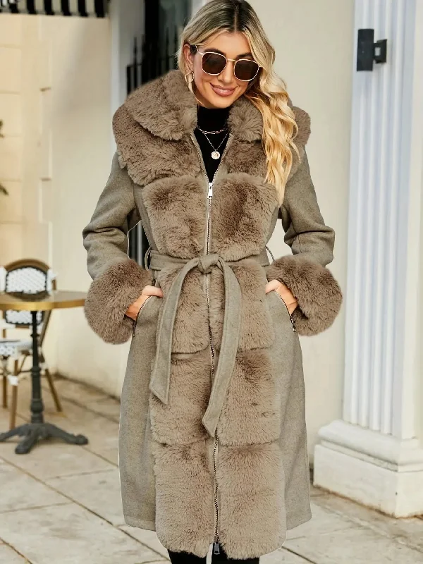 Women'S Elegant Faux Fur Coat, Solid Color Knit Fabric with Belt Detail, Polyester 65% Viscose 35% Winter Vent Hem Cuff Women'S Elegant Faux Fur Coat, Solid Color Knit Fabric with Belt Detail, Polyester 65% Viscose 35% Winter Vent Hem Cuff