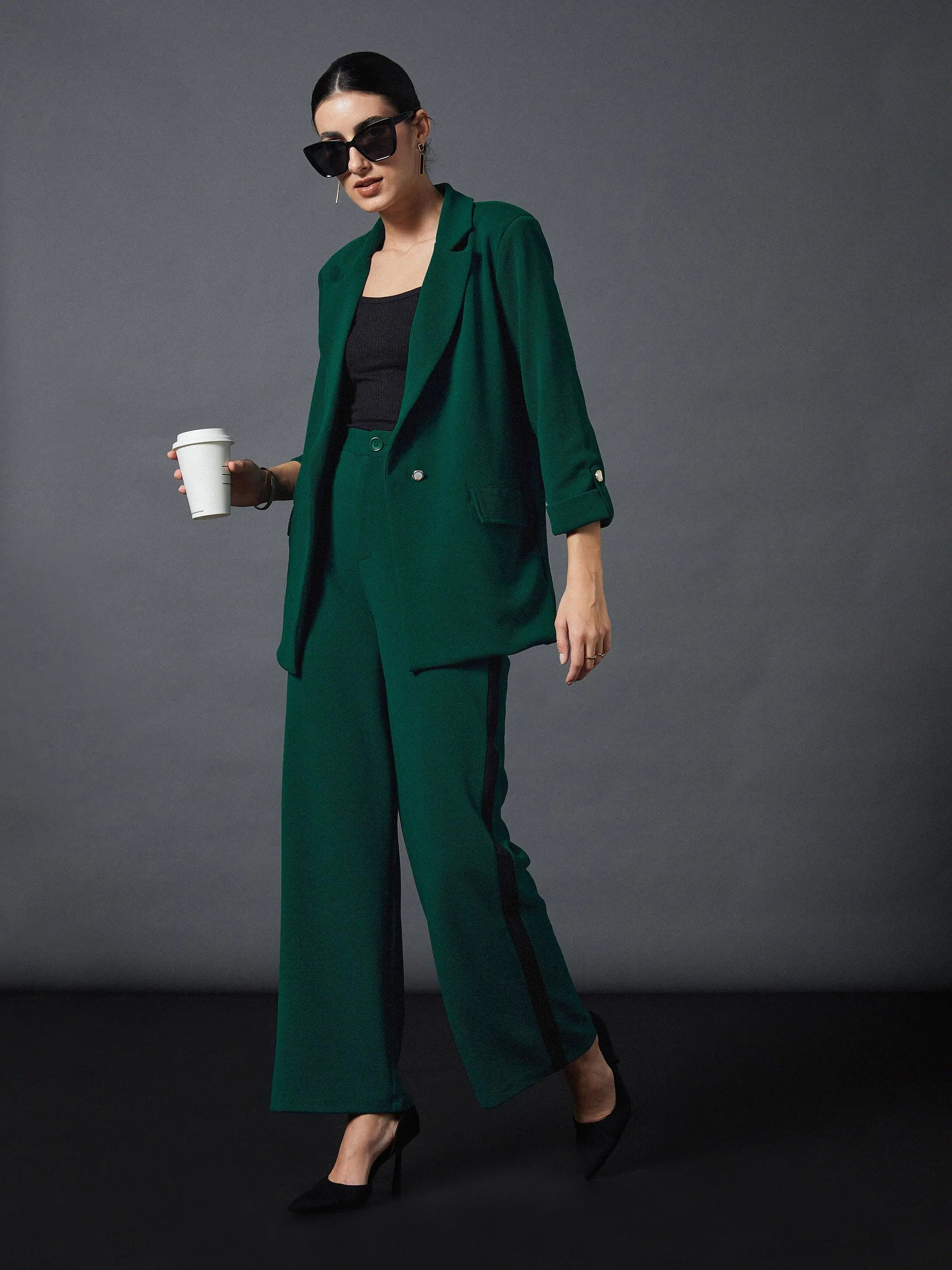 Women Emerald Front Button Blazer With Straight Pants Women's Fashion Blazer