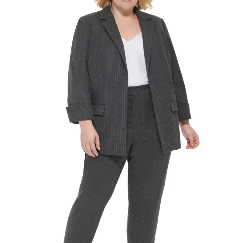 CALVIN KLEIN - Plus Size Pinstripe Cuffed-Sleeve Open-Front Blazer Winter Women's Blazer