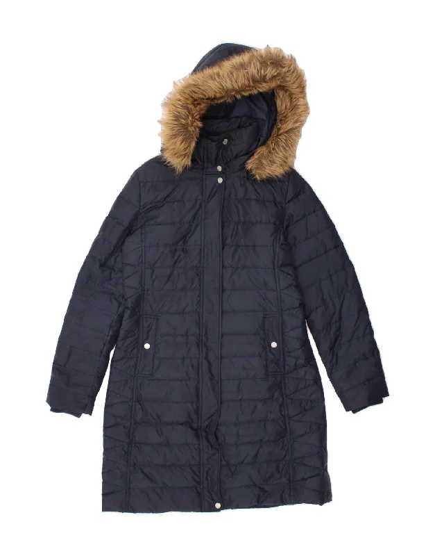 TOMMY HILFIGER Womens Hooded Padded Coat UK 14 Medium Navy Blue Polyester Cuffed Rolled Raglan TOMMY HILFIGER Womens Hooded Padded Coat UK 14 Medium Navy Blue Polyester Cuffed Rolled Raglan