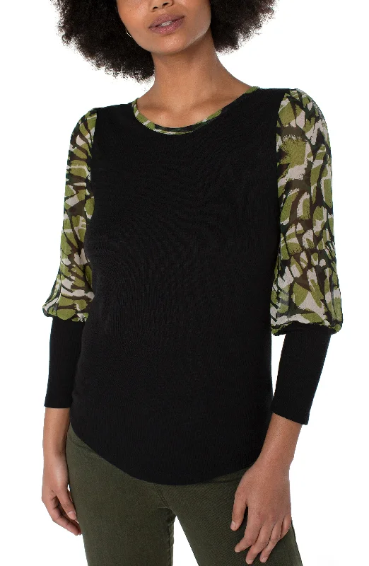 Liverpool Knit Top with Woven Long Sleeve (abstract foiliage) Jet Black Knit Tee