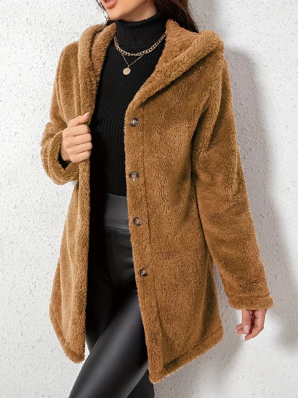 Elegant Polyester Fleece Hooded Coat for Women - Solid Color, Knit Fabric, Autumn/Winter Warmth Crew Neck V-Neck Boat Neck Elegant Polyester Fleece Hooded Coat for Women - Solid Color, Knit Fabric, Autumn/Winter Warmth Crew Neck V-Neck Boat Neck