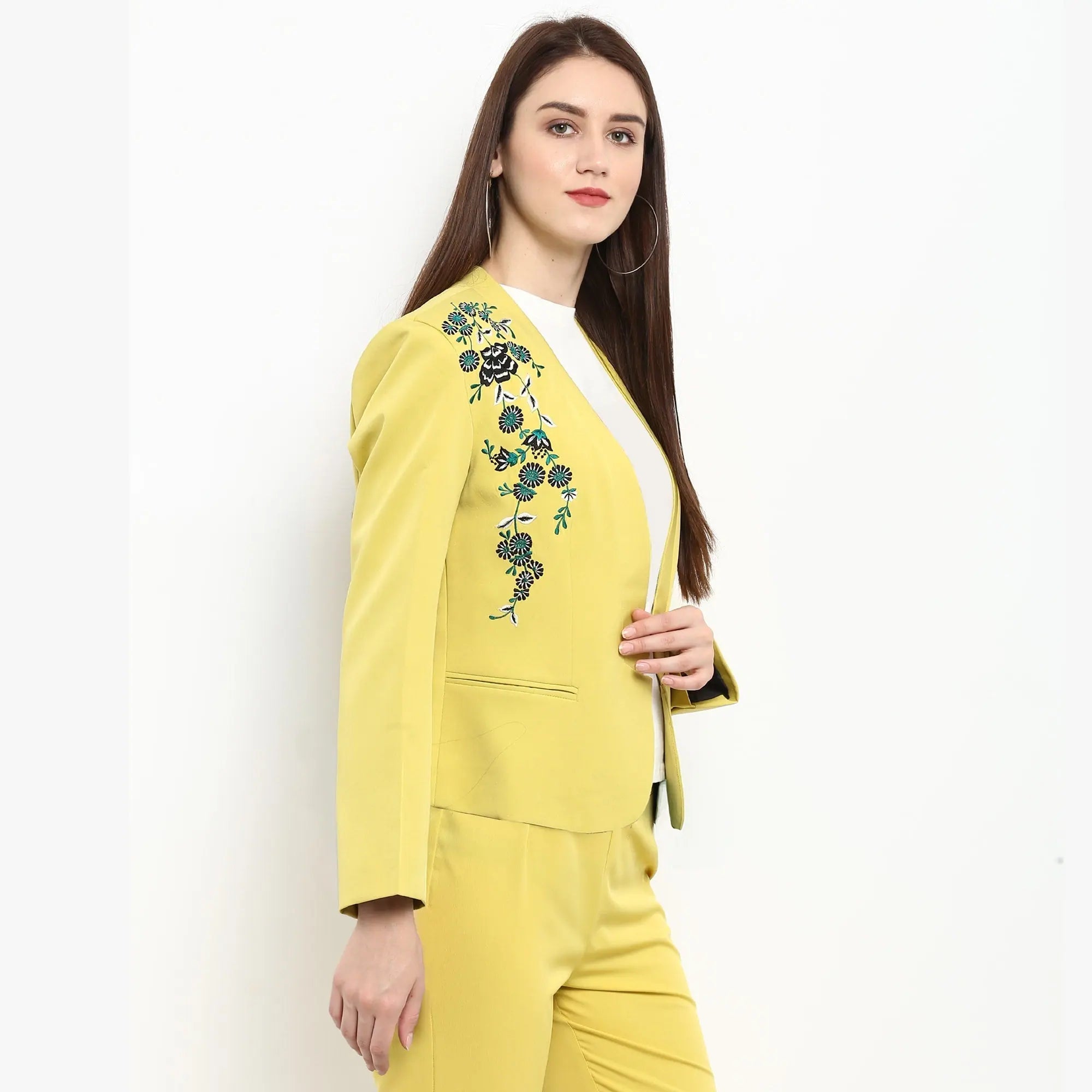 Pannkh Women's Pastel Yellow Embroidered Blazer Women's Print Jacket