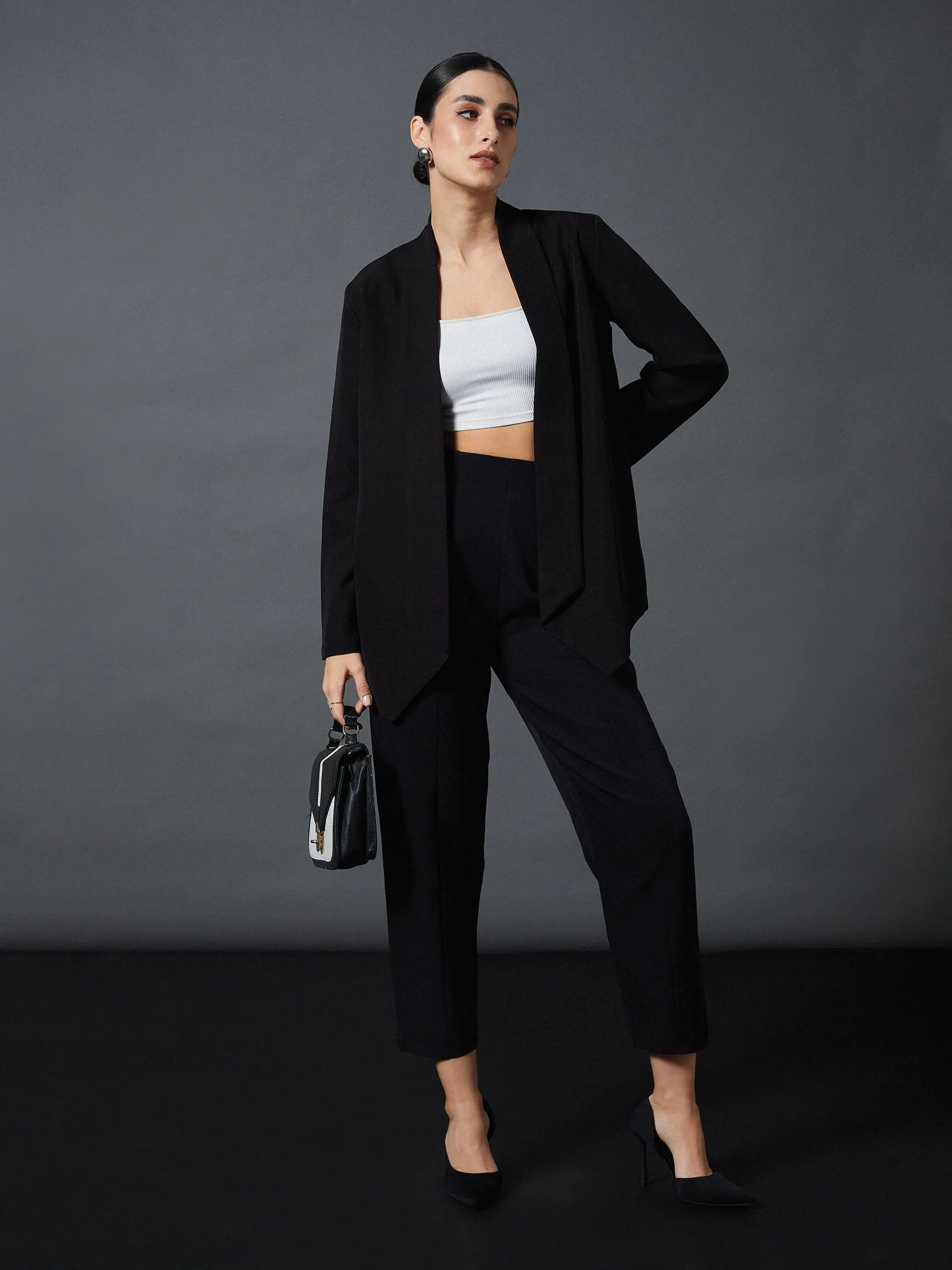 Women Black Shawl Collar Blazer With Balloon Fit Pants Women's Handmade Blazer