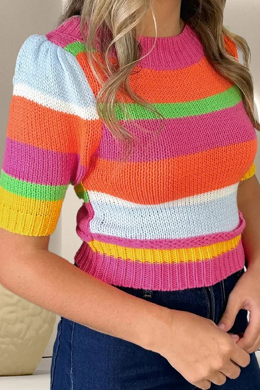 Color Block Round Neck Half Sleeve Knit Top Seasonal Knit Shirt