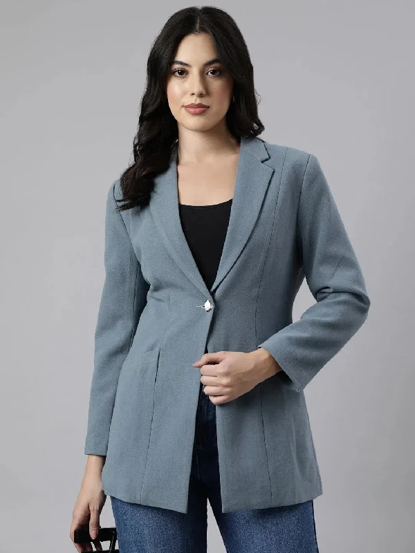 Women Teal Single-Breasted Longline Blazer-1736-Teal Women's Adventure Blazer