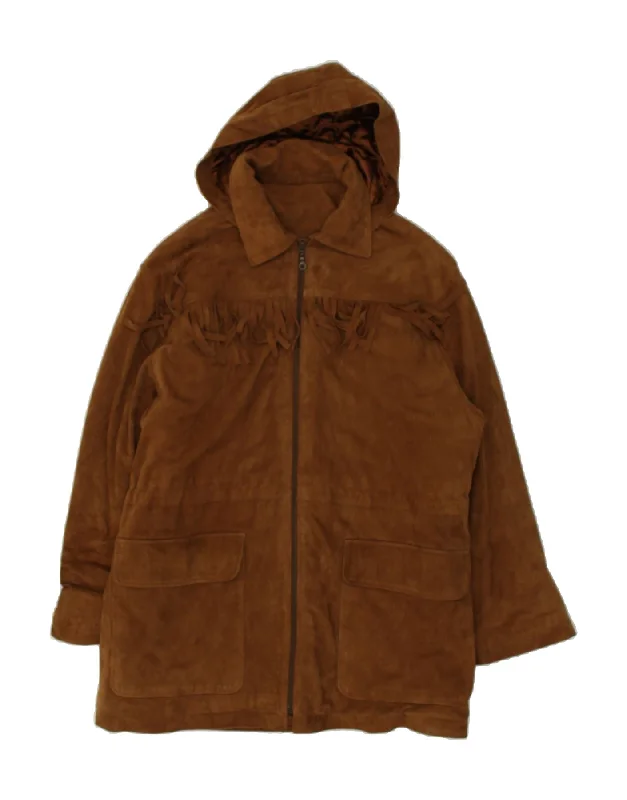 VINTAGE Womens Loose Fit Hooded Leather Coat IT 42 Medium Brown Leather empire Basque Peplum VINTAGE Womens Loose Fit Hooded Leather Coat IT 42 Medium Brown Leather empire Basque Peplum