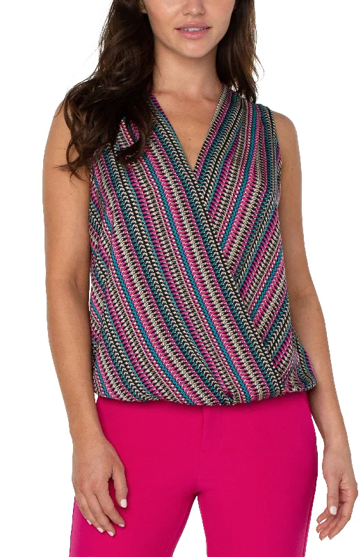 Liverpool Sleeveless V Neck Drape Front Knit Top (Text Multi Stripe) Short Sleeve Knit Top