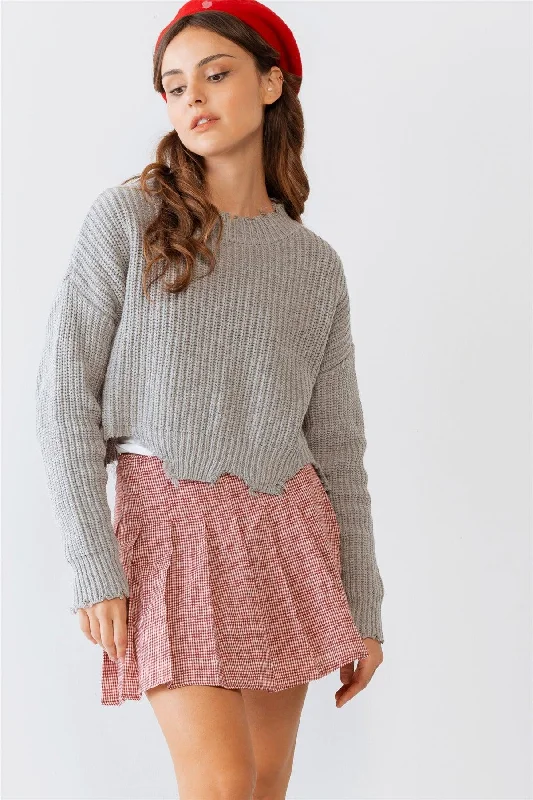 Grey Torn Edge Long Sleeve Crop Knit Top /3-2-1 Festive Knit Tee