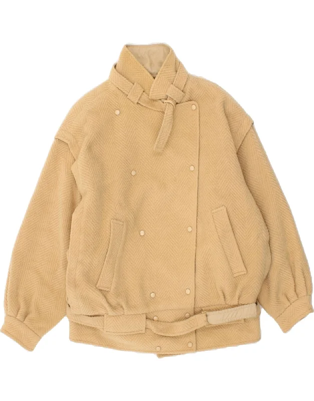 VINTAGE Womens Double Breasted Coat UK 16 Large Beige Herringbone Nylon Polyester Spandex VINTAGE Womens Double Breasted Coat UK 16 Large Beige Herringbone Nylon Polyester Spandex