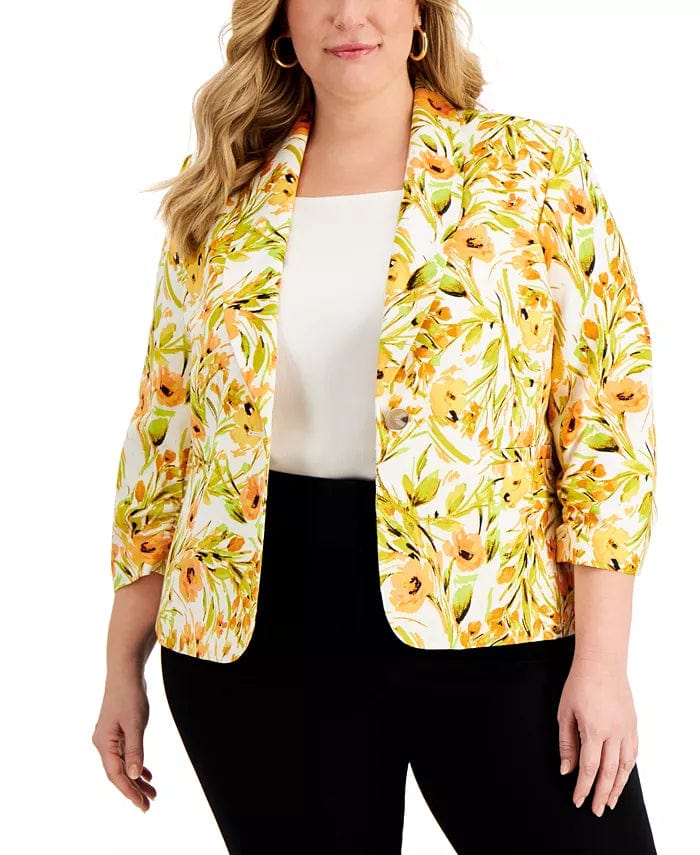 KASPER - Plus Size Linen Floral Shawl-Collar Blazer Women's Brand Blazer