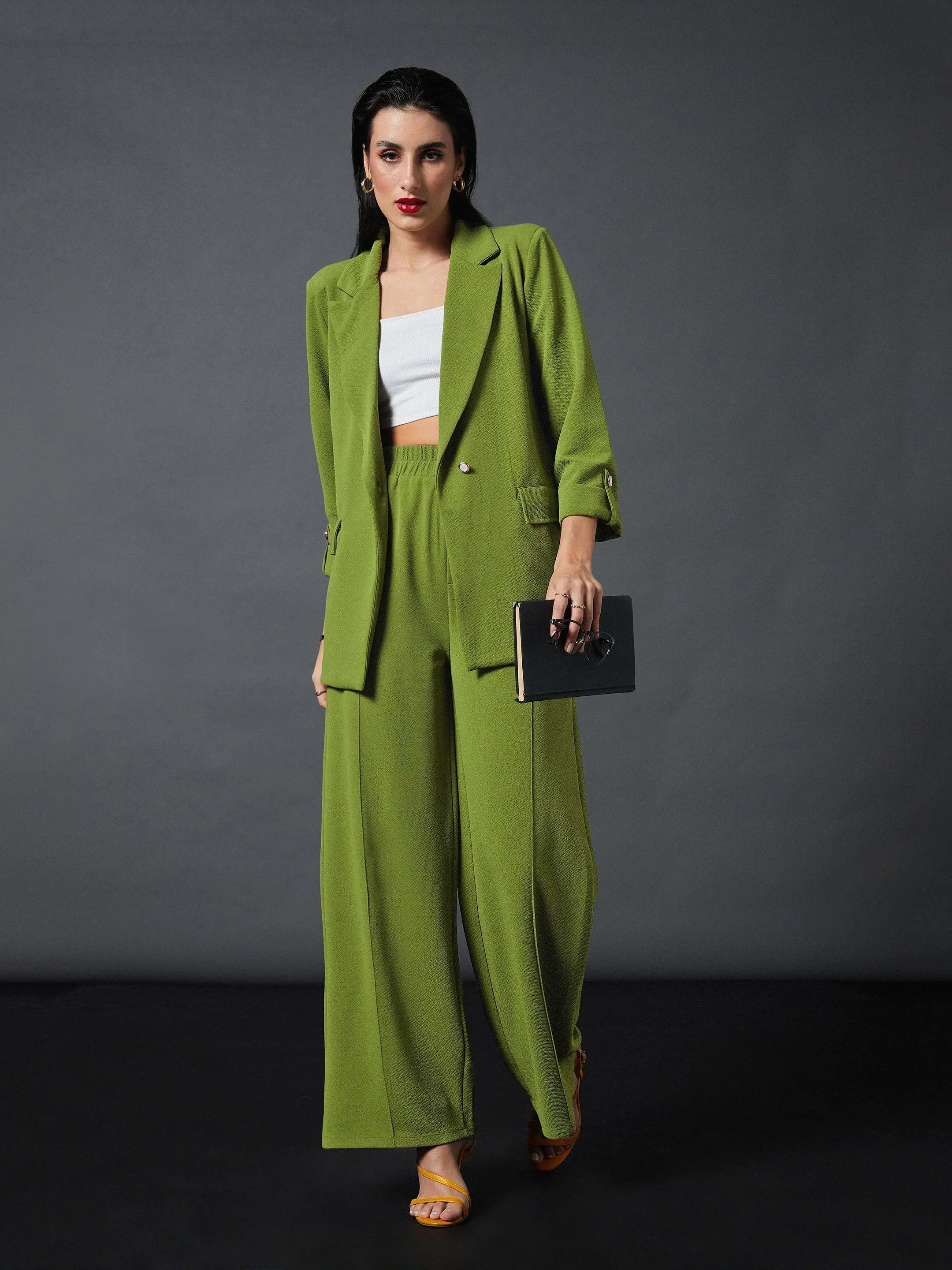 Women Olive Front Button Blazer With Palazzo Pants Women's Vintage Suit