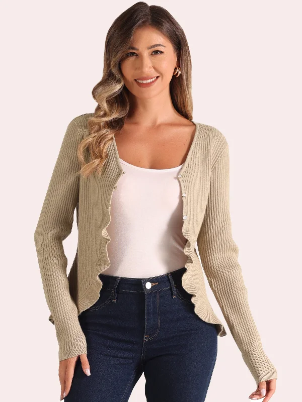 Long Sleeve Buttons Stretchy Ruffle V Neck Knit Tops Scoop Neck Knit Tee