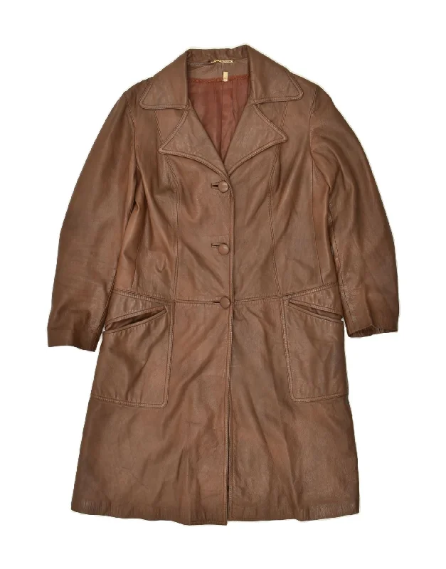 VINTAGE Womens Leather Coat IT 44 Medium Brown Boat Shawl Notched