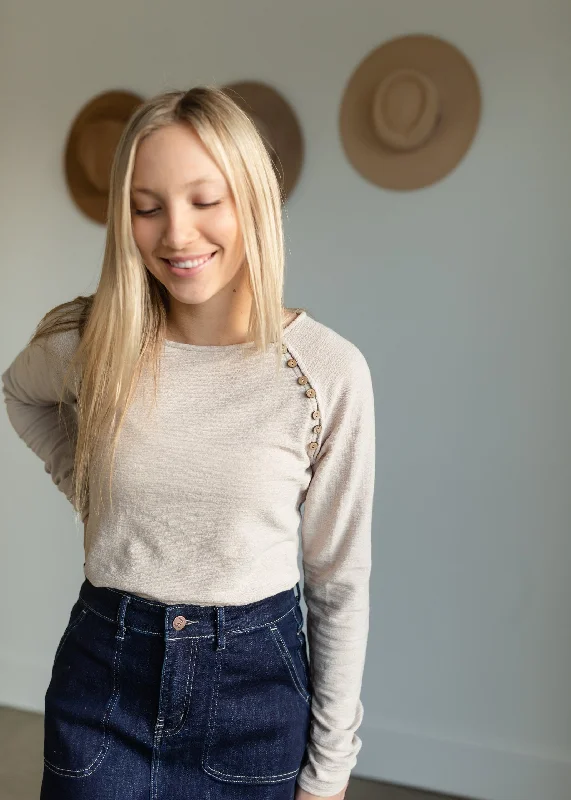 Neutral Button Detail Knit Top Casual Knit Blouse
