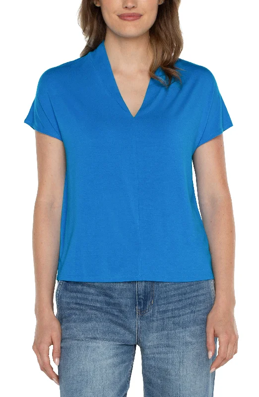 Liverpool Shawl Collar Short Sleeve Dolman Knit Top (Diva Blue) Handmade Knit Blouse Liverpool Shawl Collar Short Sleeve Dolman Knit Top (Diva Blue) Handmade Knit Blouse