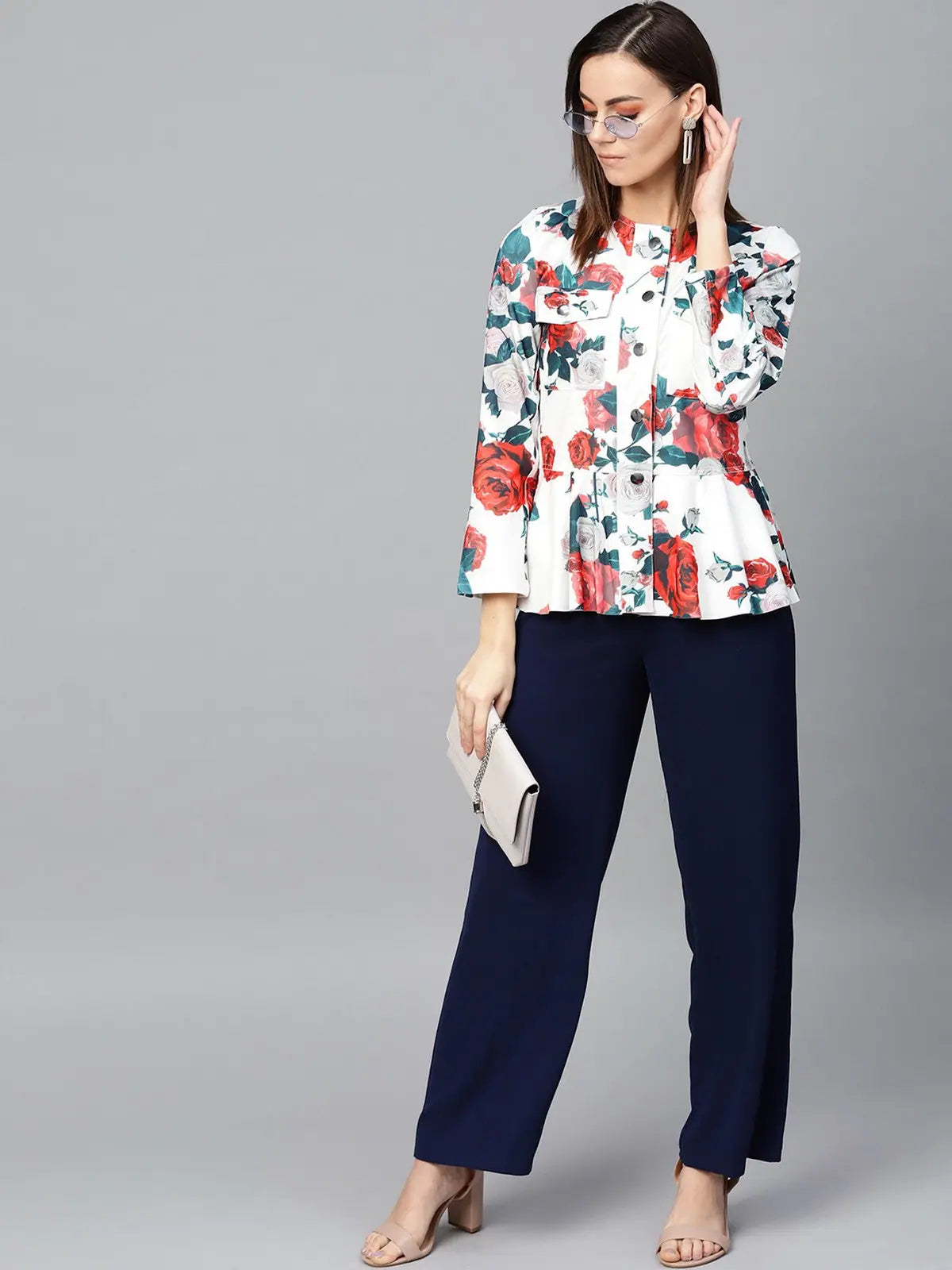 Printed Peplum Blazer-ZLJL7035-S Women's Simple Blazer