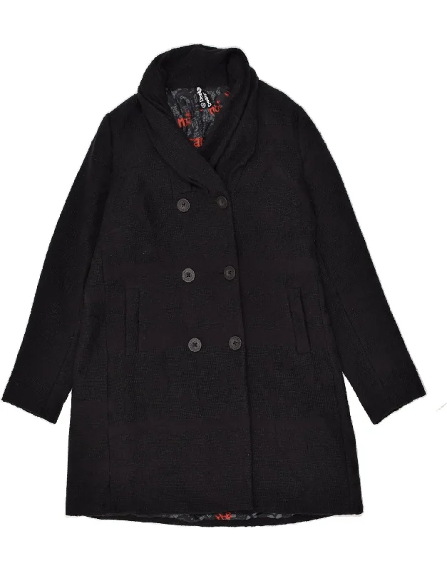 DESIGUAL Womens Double Breasted Coat EU 44 XL Black Cotton Peter Pan Collar Cowl Neck Turtleneck DESIGUAL Womens Double Breasted Coat EU 44 XL Black Cotton Peter Pan Collar Cowl Neck Turtleneck