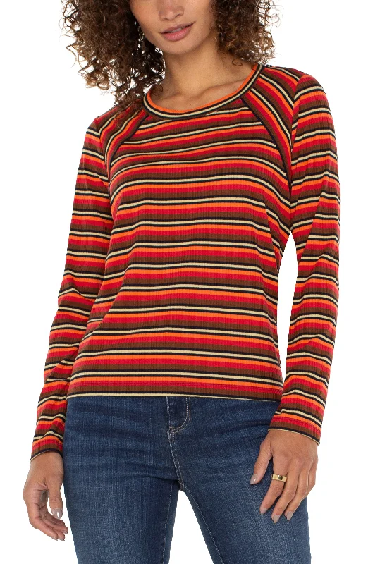 Liverpool Long Sleeve Crew Neck Knit Top w/ Mitering (Burnt Orange Multistripe) Sustainable Knit Top Liverpool Long Sleeve Crew Neck Knit Top w/ Mitering (Burnt Orange Multistripe) Sustainable Knit Top