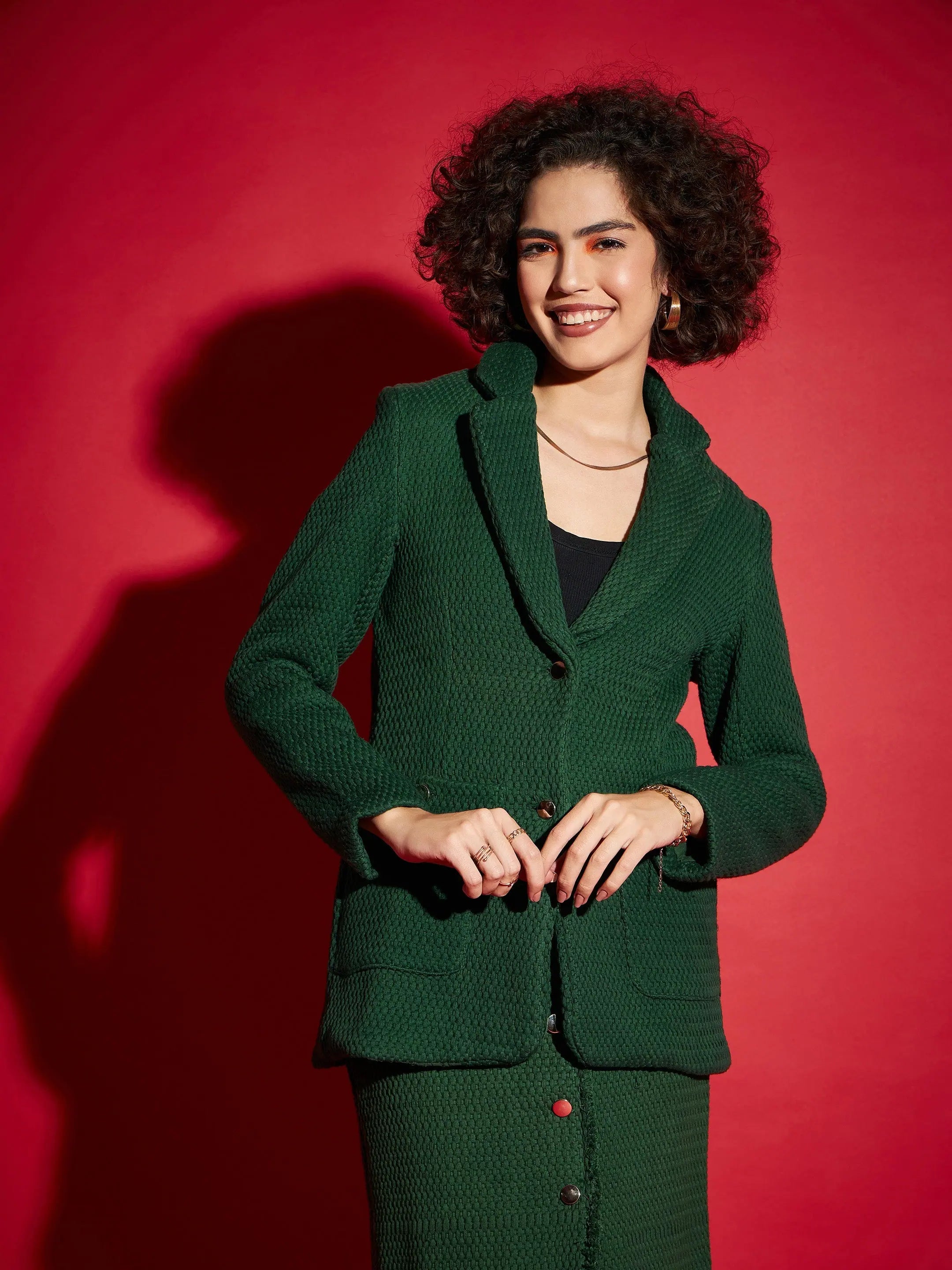 Women Green Tweed Notch Collar Blazer Women's Fashion Blazer