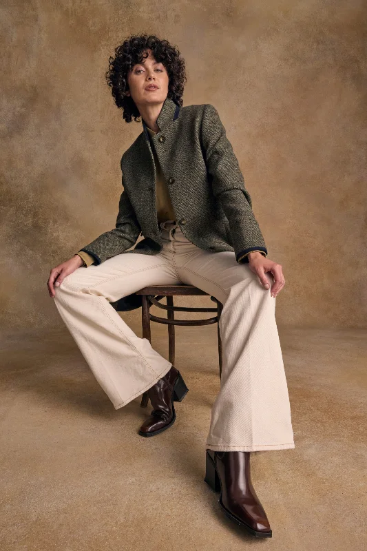 Pamela Tweed Coat - Donegal Moss Herringbone Square Neck One-Shoulder Off-the-Shoulder Pamela Tweed Coat - Donegal Moss Herringbone Square Neck One-Shoulder Off-the-Shoulder