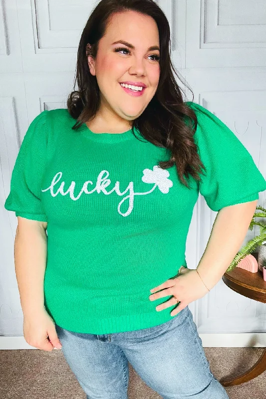 Lucky Lady Shamrock Green Sequin Puff Sleeve Knit Top Stylish Knit Top