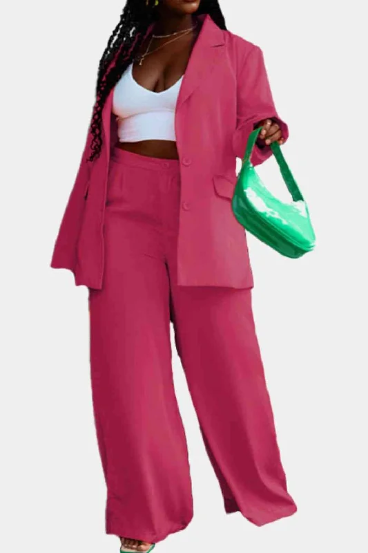 Afternoon Tea Strawberry Pink Blazer and Long Pants Set Women's Navy Jacket