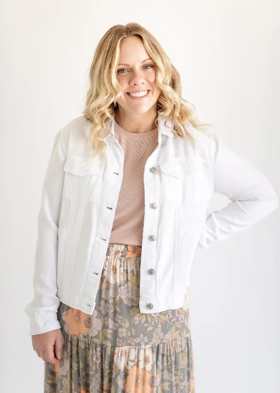 Jackie White Lightweight Denim Jacket - FINAL SALE Nylon Fabric Polyester Fabric Spandex Fabric Nylon Fabric Polyester Fabric Spandex Fabric Jackie White Lightweight Denim Jacket - FINAL SALE Nylon Fabric Polyester Fabric Spandex Fabric Nylon Fabric Polyester Fabric Spandex Fabric