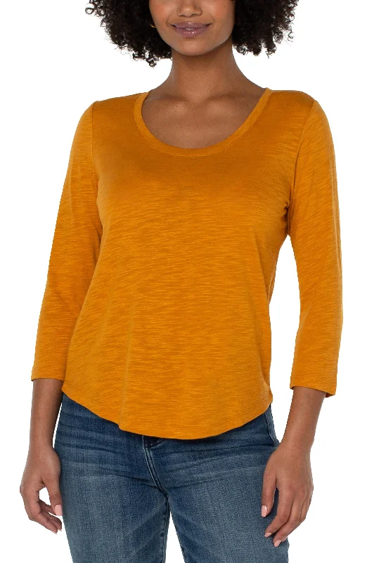 Liverpool 3/4 Sleeve Scoop Neck Slub Knit Top (Rich Gold) Round Neck Knit Blouse