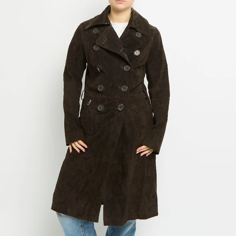 Suede Large Button Trench Coat - UK 10 Jersey Tulle Batik