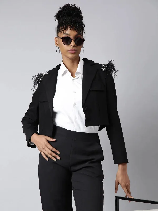 Women Black Solid Single Breasted Crop Blazer-62A-Black Women's Elegant Jacket