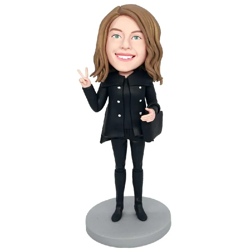 Custom Female Bobbleheads In Black Coat With A Bag Trapeze Tunic Caftan